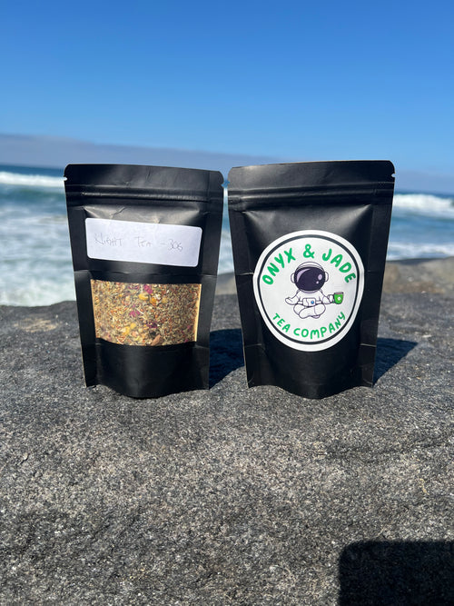 Front and back of the Onyx & Jade Tea Company Night Tea package showing the product label, ingredients, caffeine information, preparation directions, and customer details.